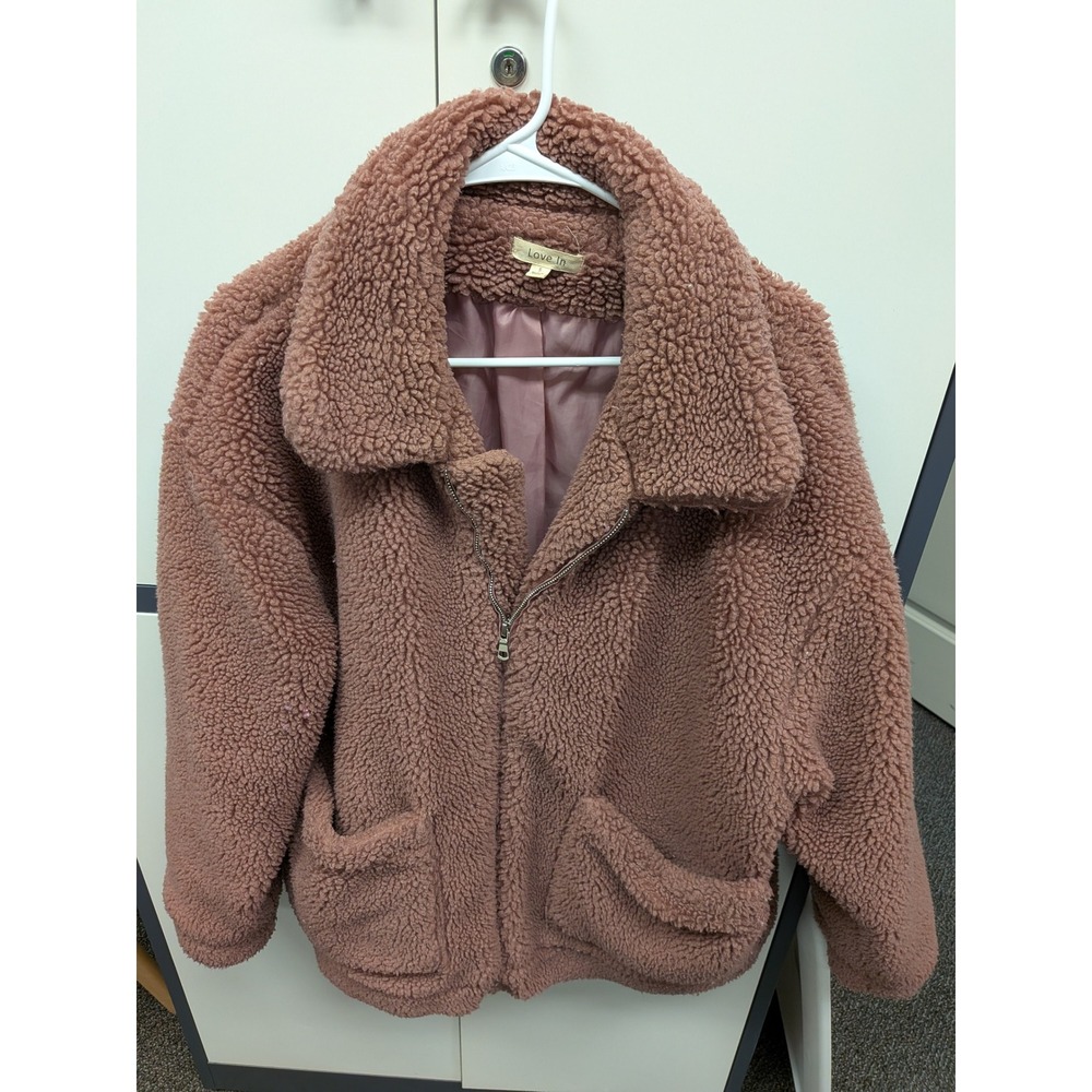 Love In Sherpa Fleece Jacket Dusty Rose Pink Teddy Zip Up Faux Shearling Small